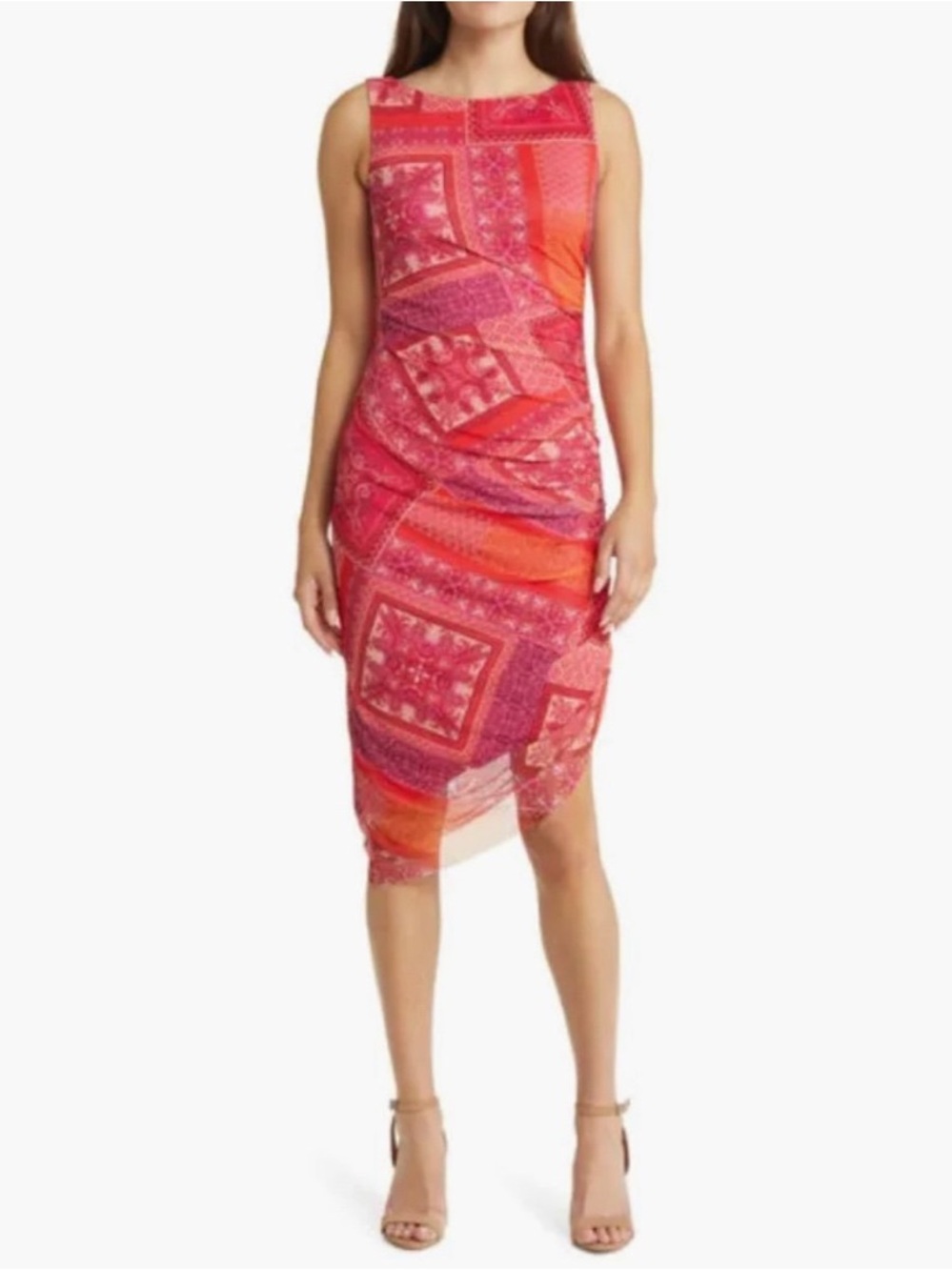 Eliza J Bandana Patchwork Mesh Sheath Midi Dress Y2K Sheer Asymmetric Size 8